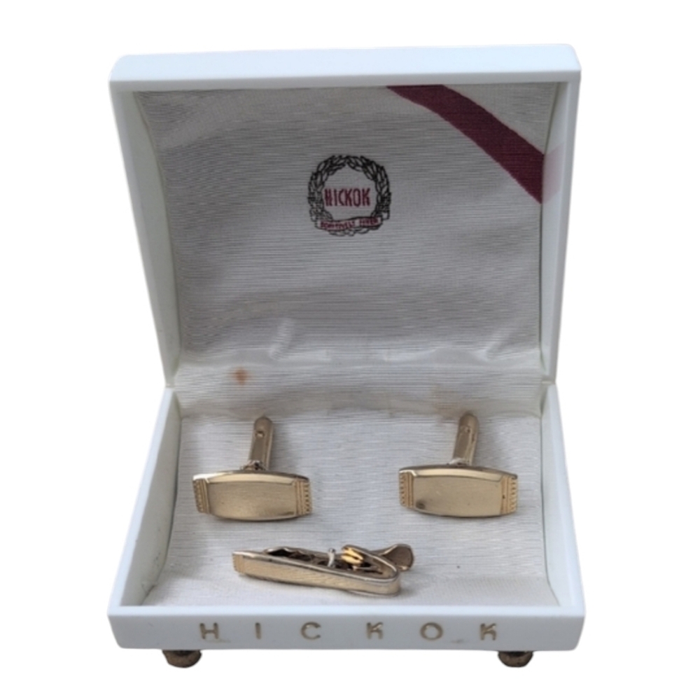 Vintage MCM Hickok Gold Cufflinks and Tie Clip Set - Original Box